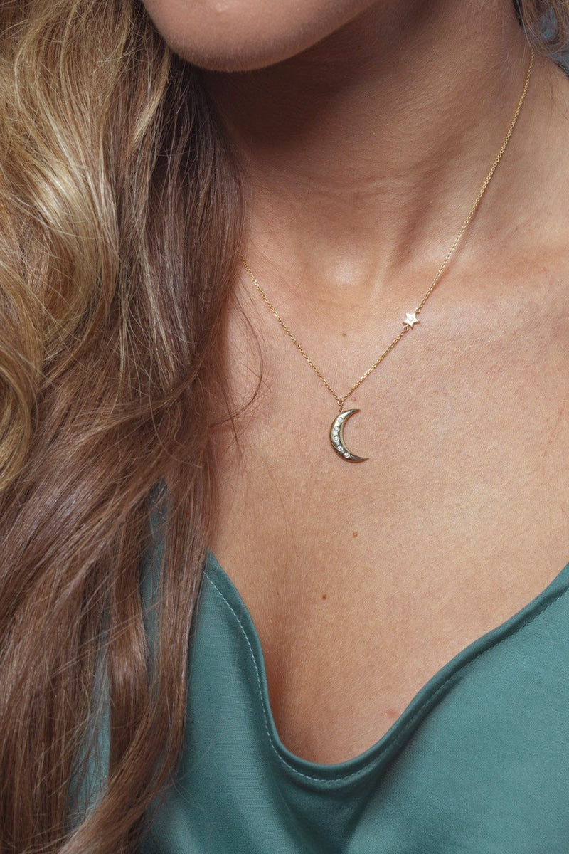 By Brigitte 'Luna' Solid 9ct Yellow Gold Moon and Star Necklace